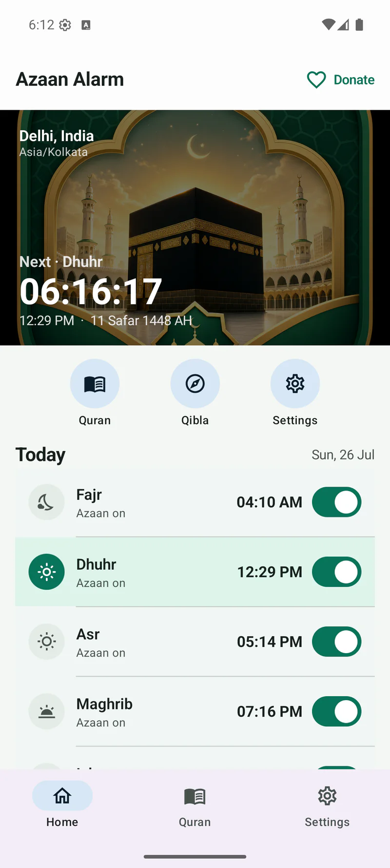 Azaan Alarm home screen showing the date, next prayer countdown, and daily prayer schedule