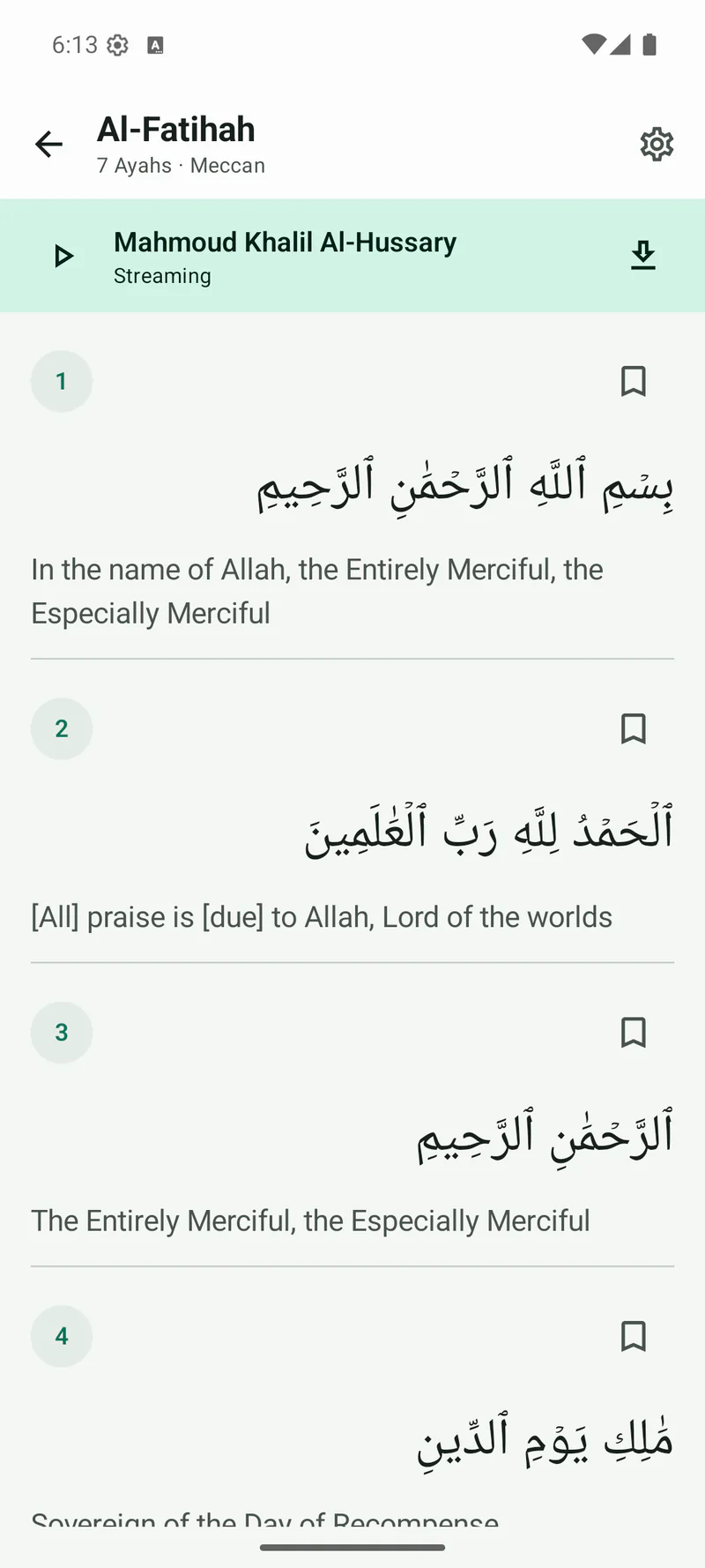 Azaan Alarm Quran reader showing Arabic text and translation