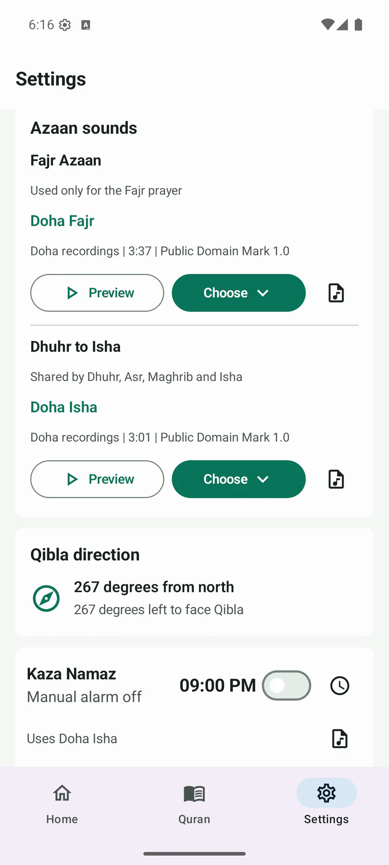 Azaan Alarm settings showing selectable Fajr and regular Azaan sounds