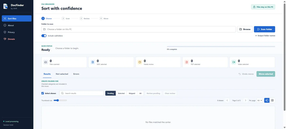 DocFinder folder-selection screen showing the Choose, Scan, Review, and Move workflow