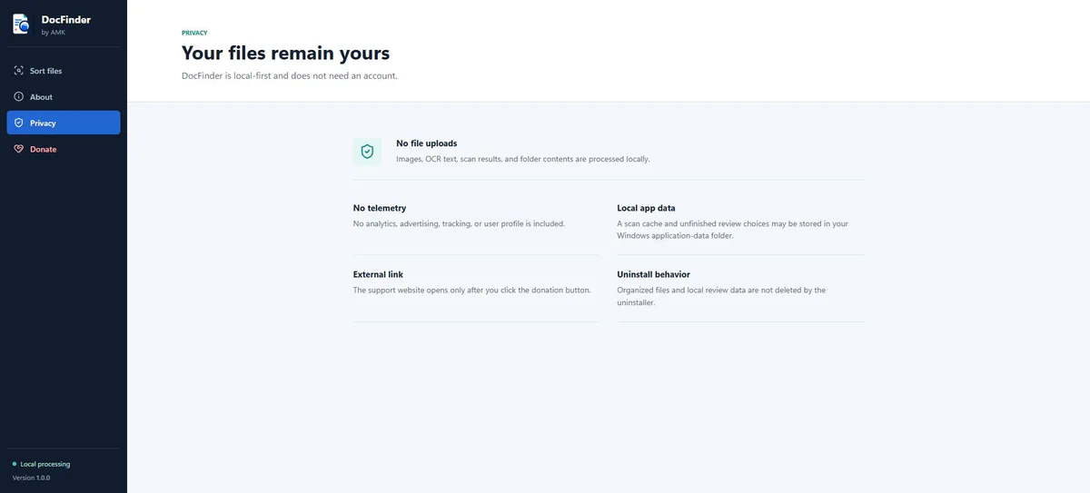 DocFinder privacy screen explaining local processing and no file uploads