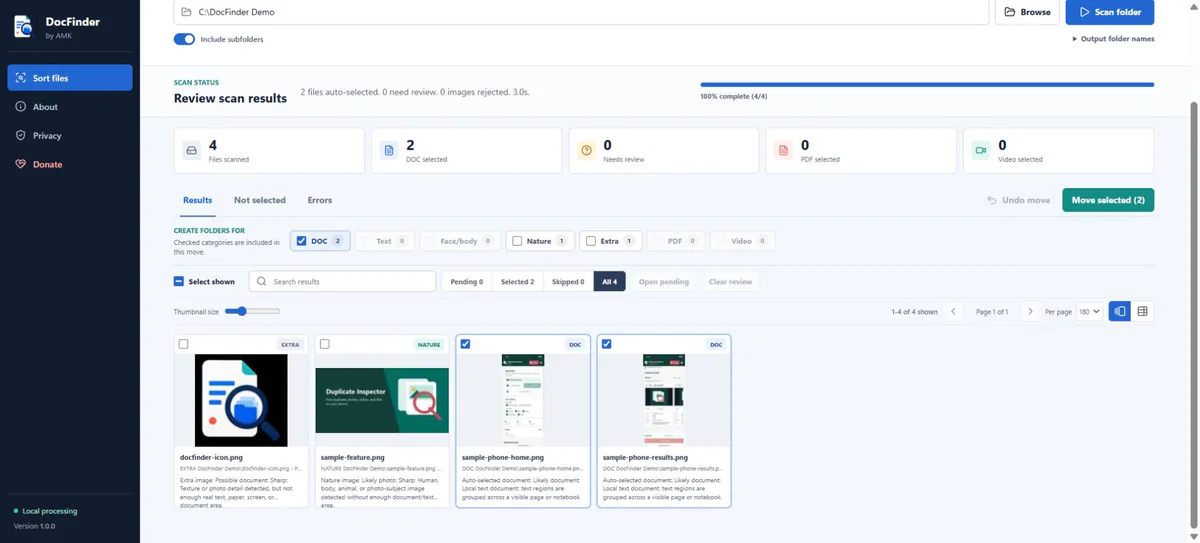 DocFinder completed scan showing category choices and selected files ready to move