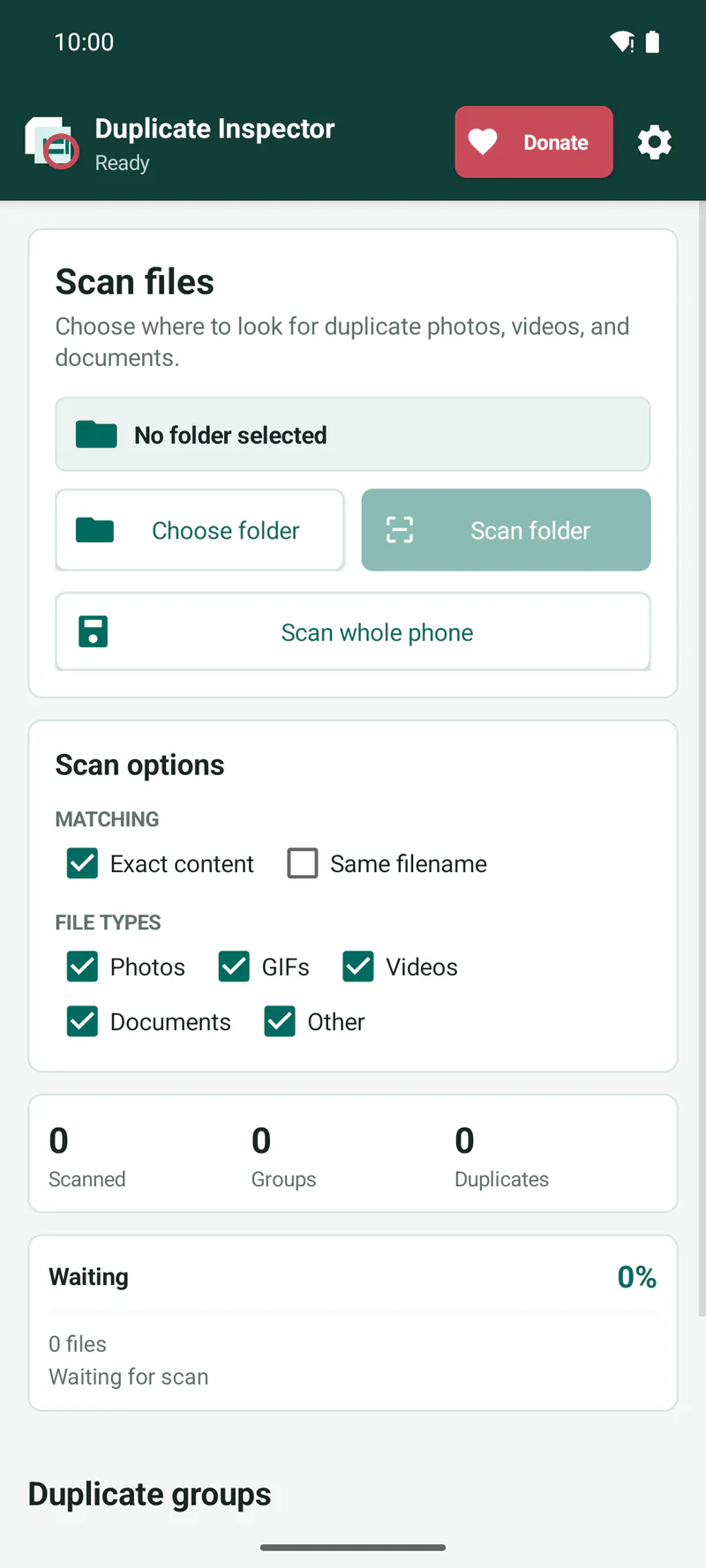 Duplicate Inspector home screen with scan location and file-type options