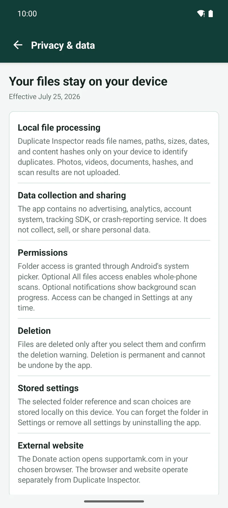 Duplicate Inspector on-device privacy information