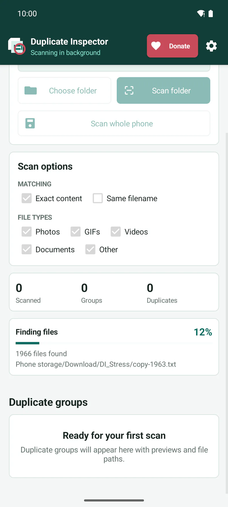 Duplicate Inspector scan progress screen