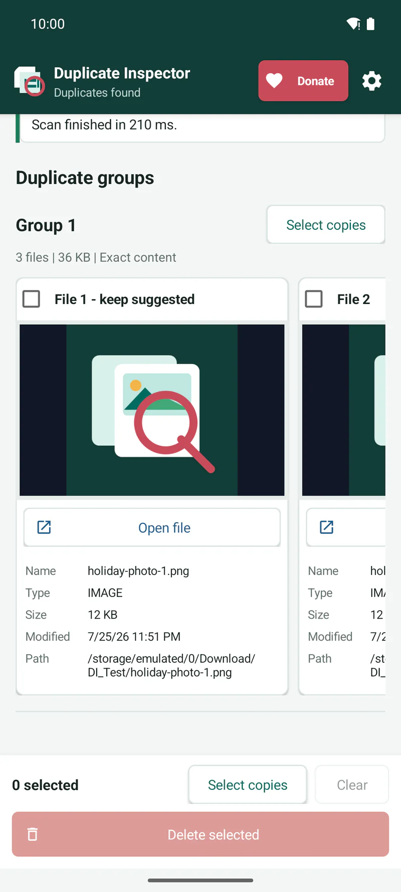 Duplicate Inspector results with file previews and selection controls