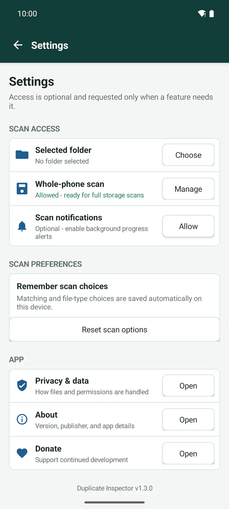 Duplicate Inspector settings for folder, storage, and notifications