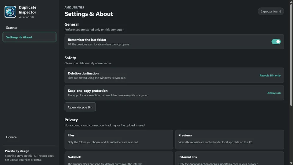 Duplicate Inspector privacy and safety settings