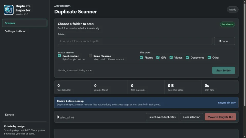 Duplicate Inspector folder scanner ready to scan a selected location