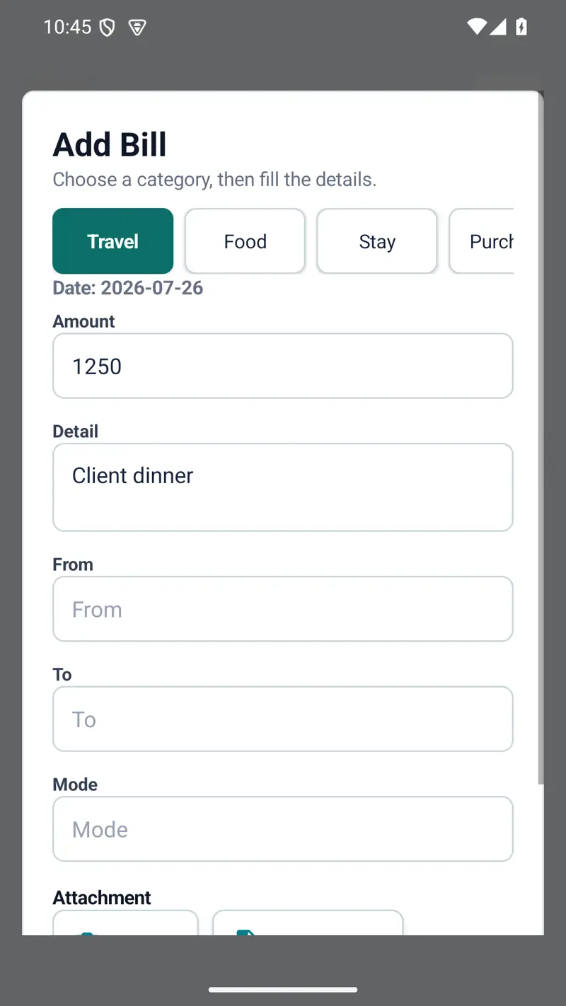 Expense Office add-bill form with expense details and receipt attachment actions