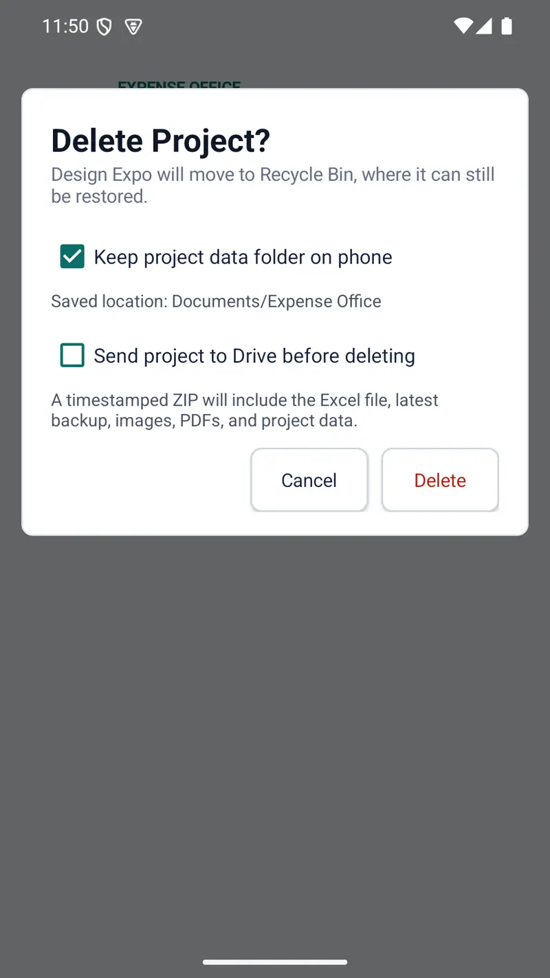 Expense Office project deletion options for preserving a phone-folder copy or preparing a share copy