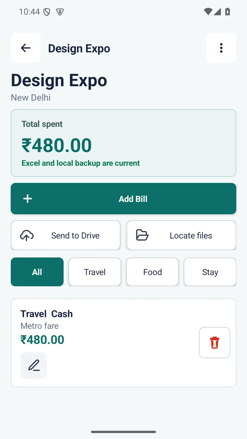Expense Office project screen listing expense categories and bills