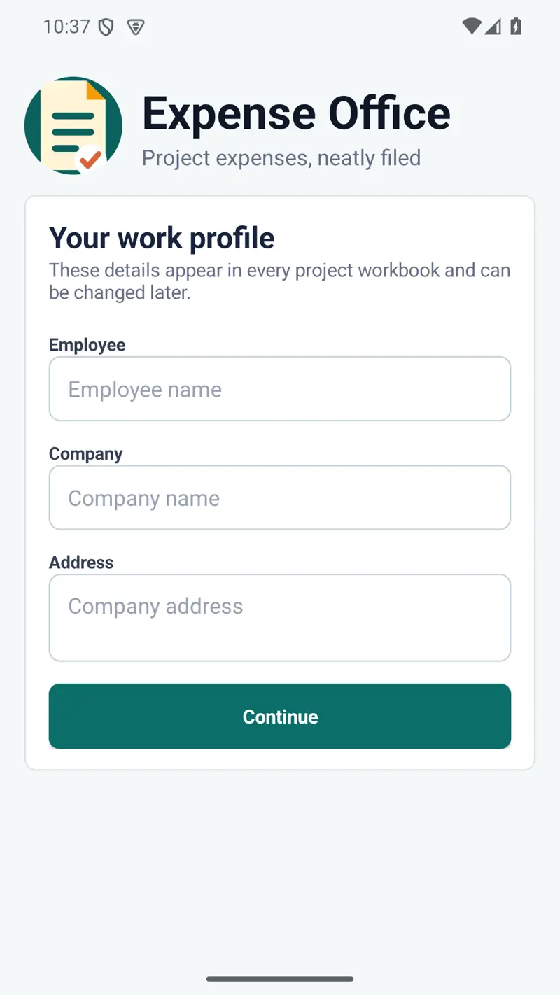 Expense Office registration screen for local employee and company profile details