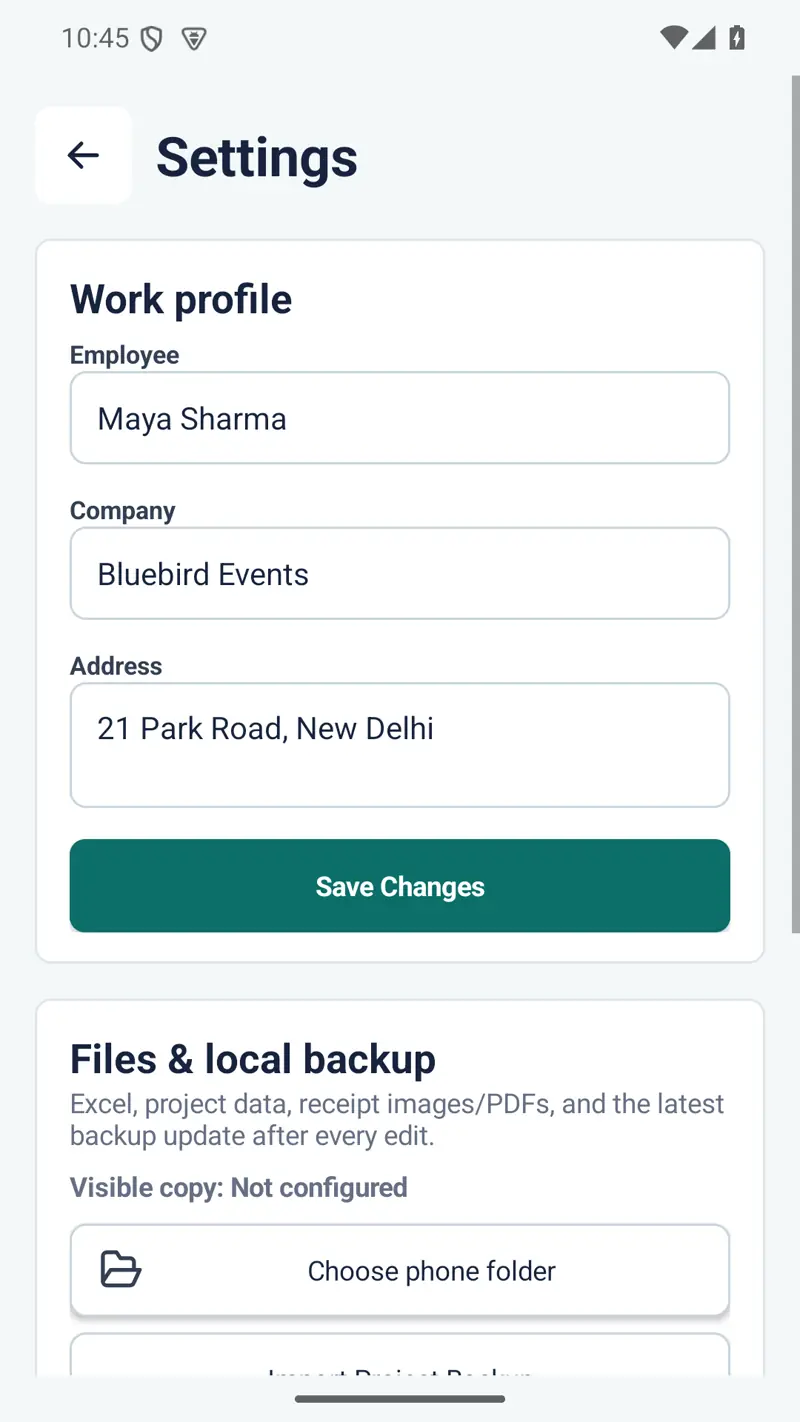 Expense Office settings screen showing demonstration employee and company details