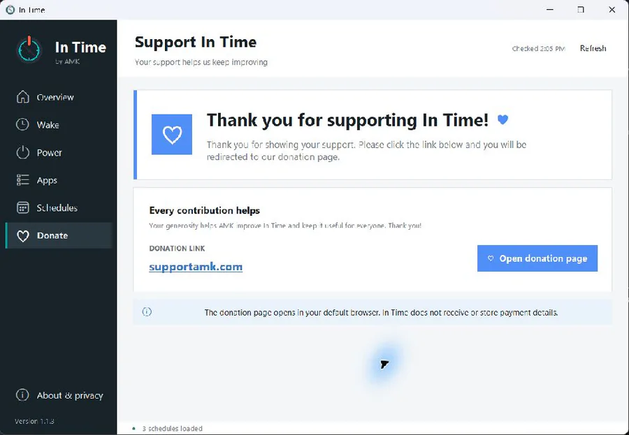 Optional Support In Time page linking to supportamk.com