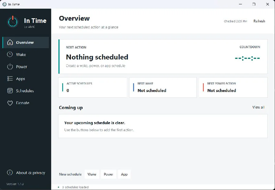 In Time overview showing the next scheduled action and countdown