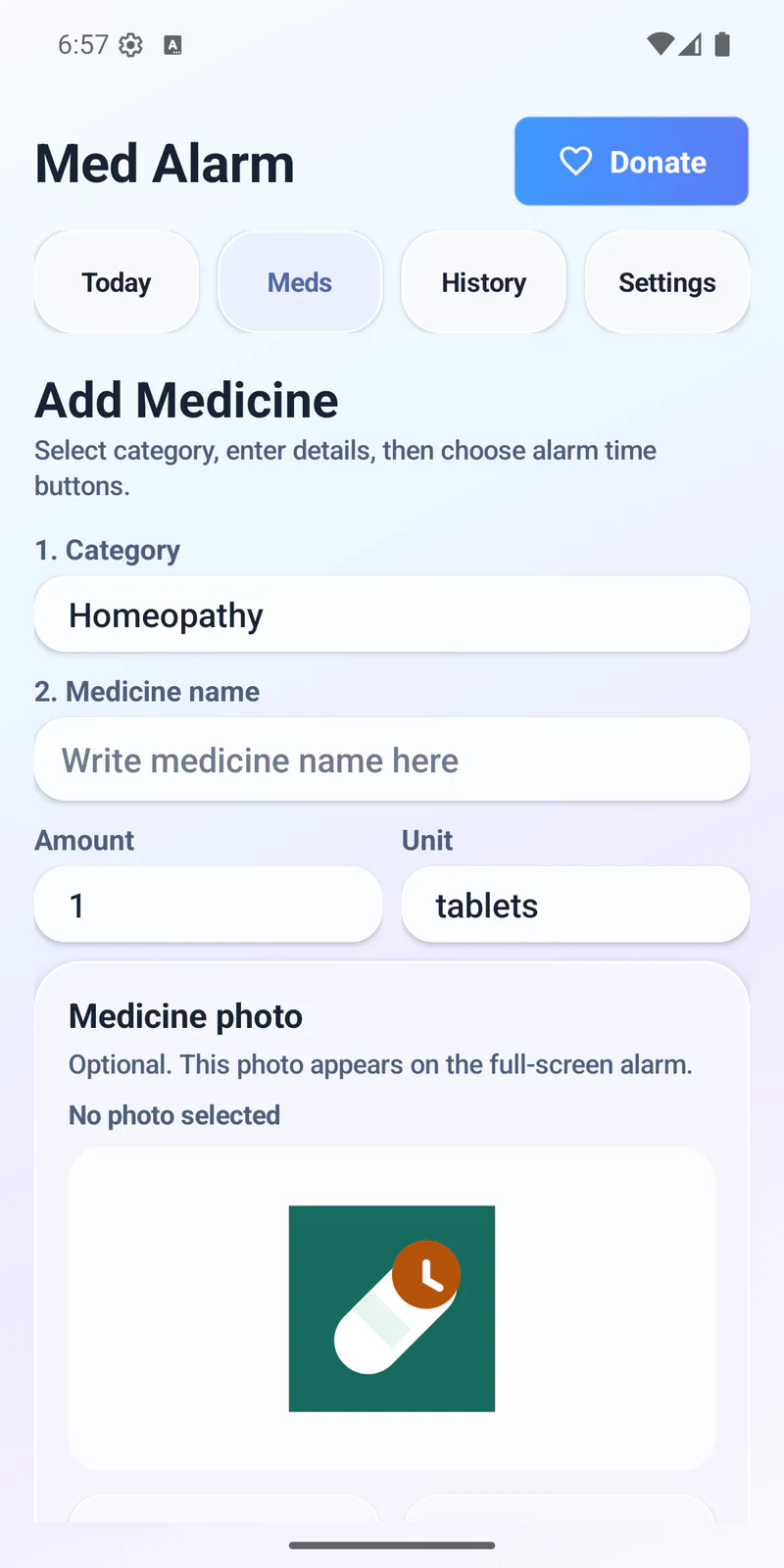 Med Alarm add-medicine form with name, amount, unit, category, and optional photo