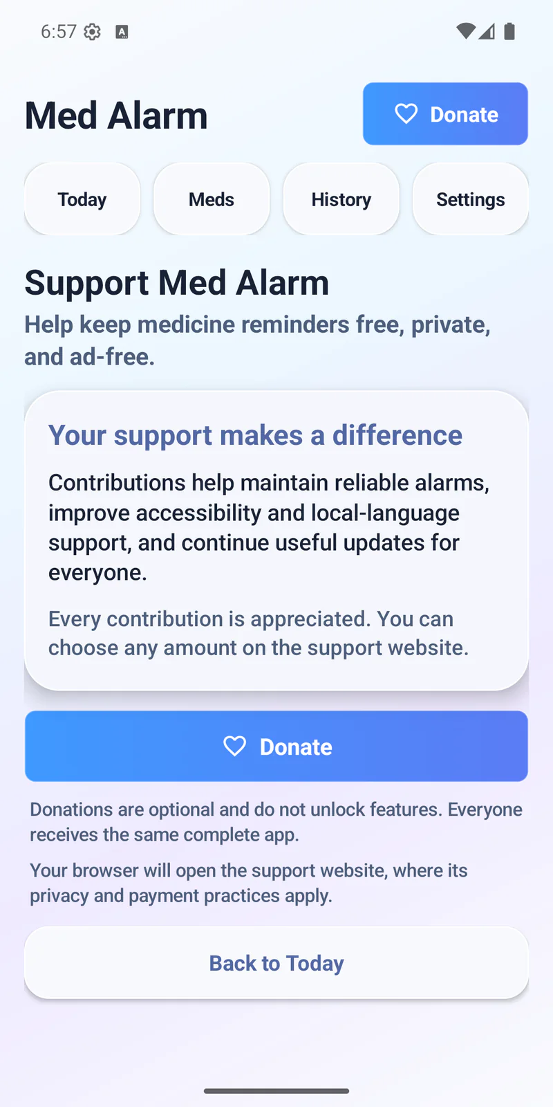 Optional Med Alarm support page explaining that every app feature is free