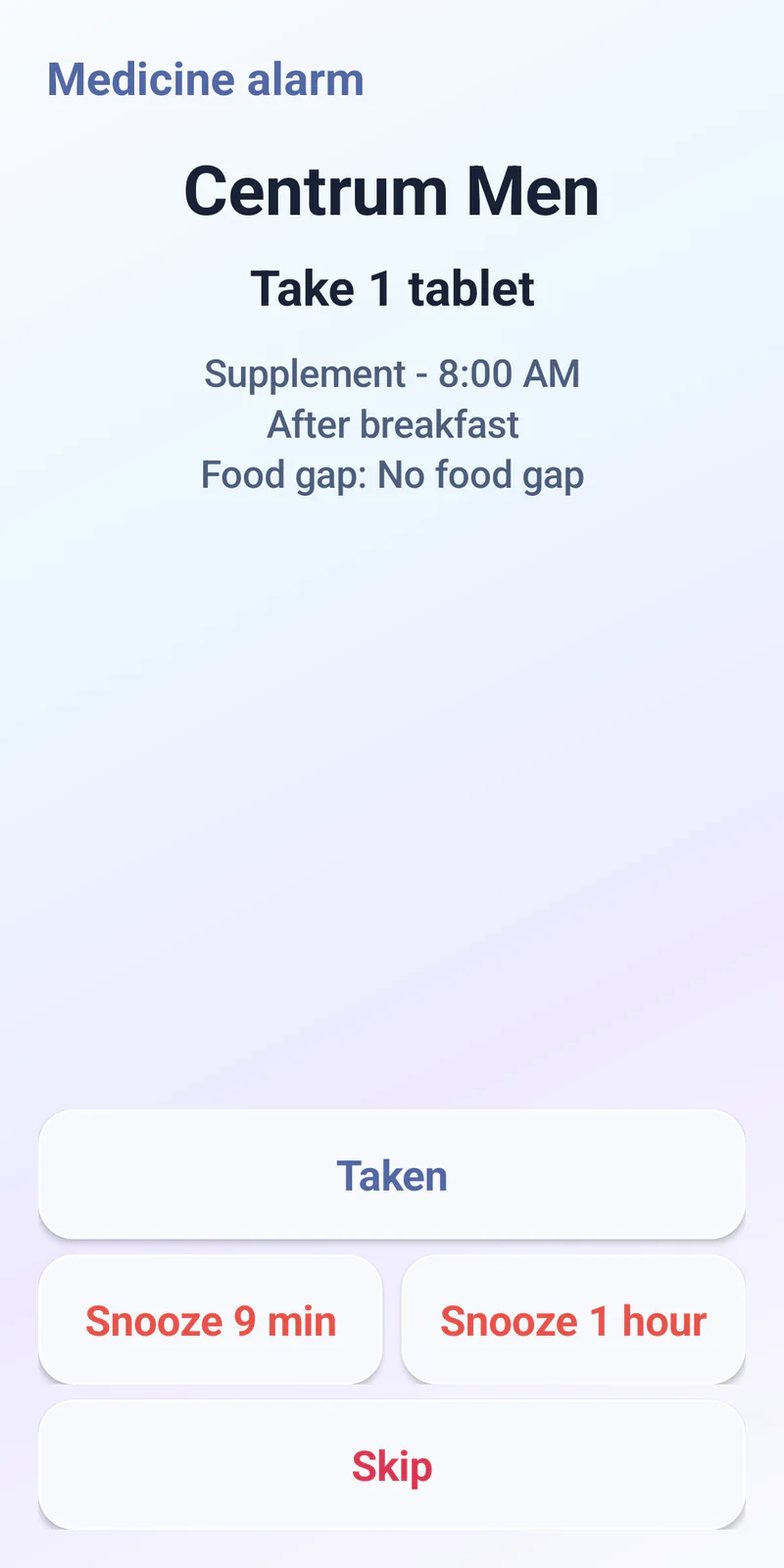 Med Alarm full-screen alert with Taken, Snooze, and Skip actions