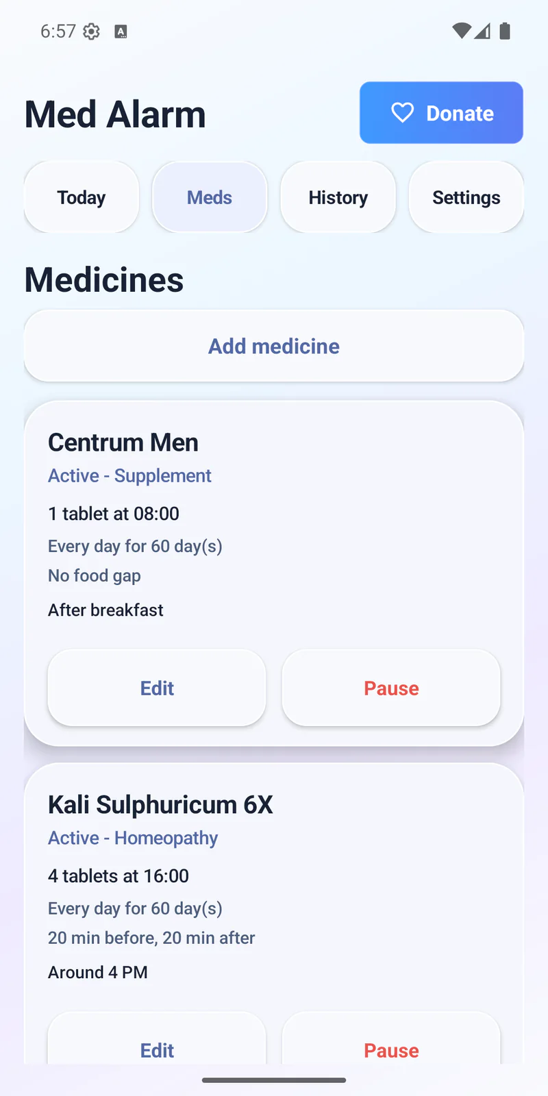 Med Alarm medicine list with schedules, duration, notes, and edit controls