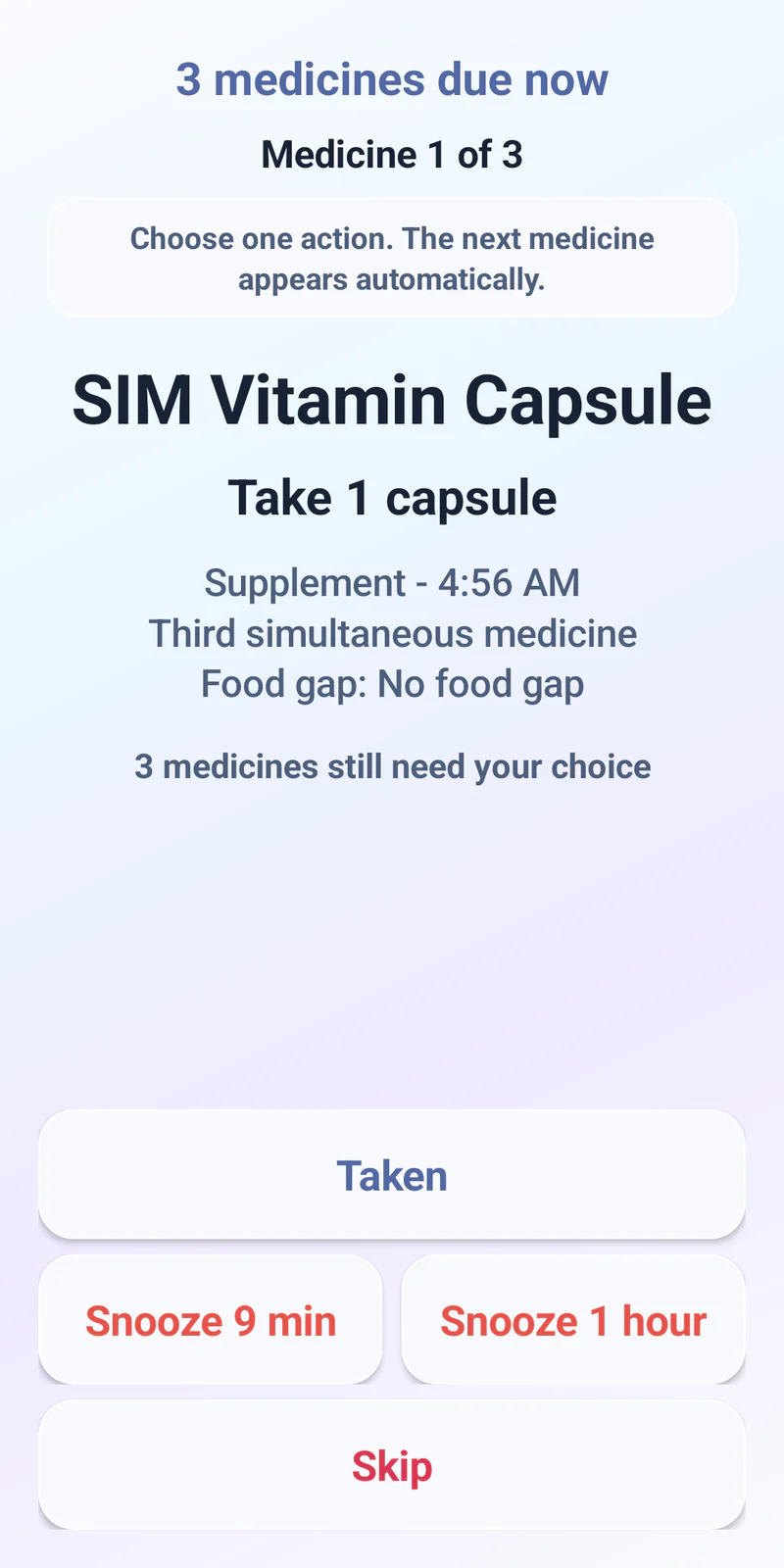 Med Alarm full-screen alert for three medicines due at the same time