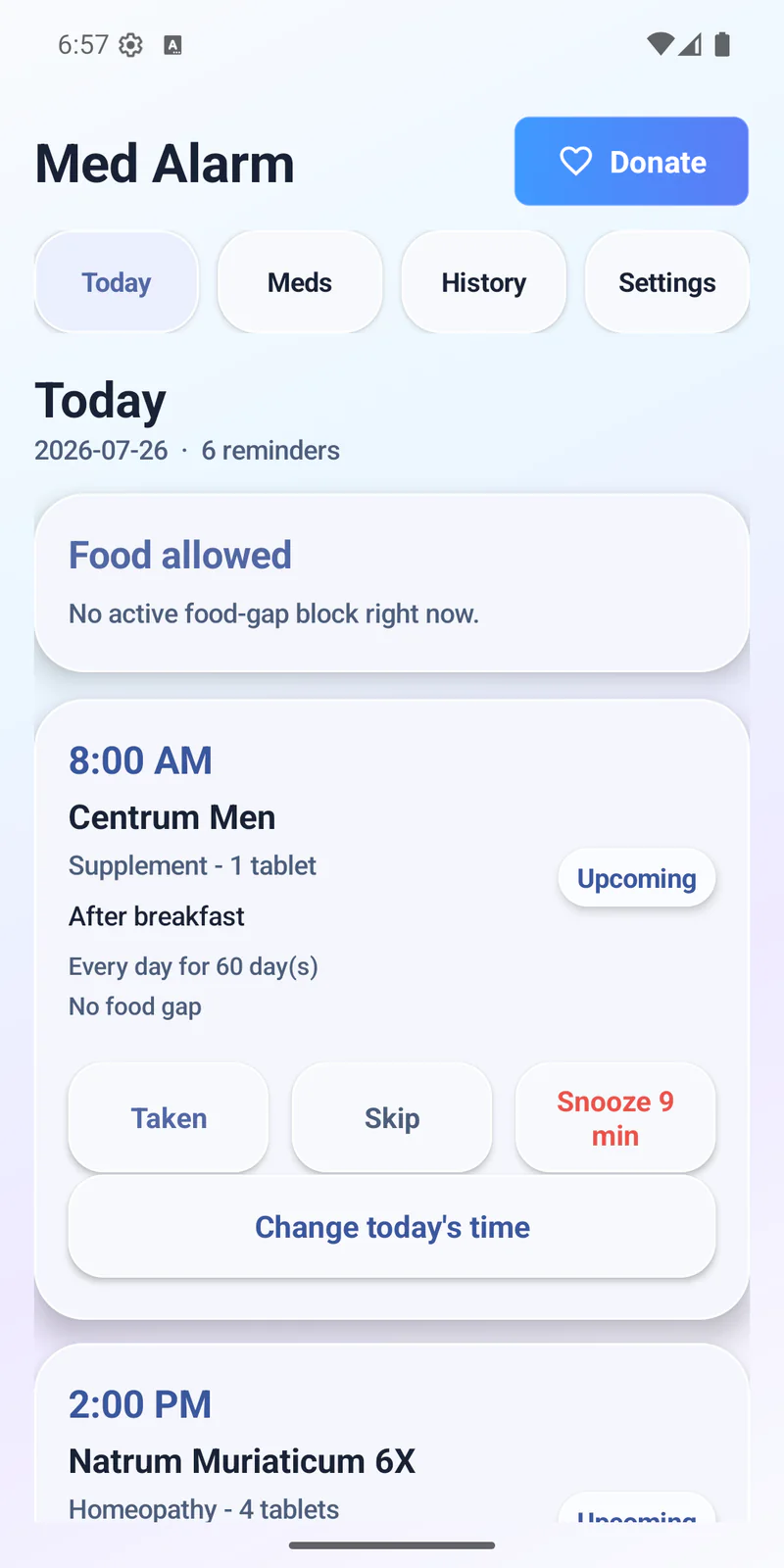 Med Alarm Today screen showing scheduled medicine reminders and Taken, Skip, and Snooze actions