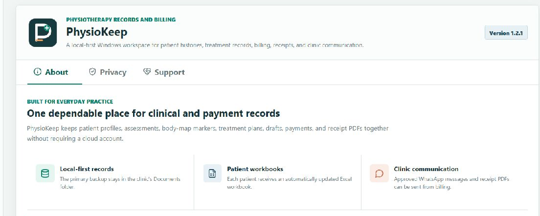 PhysioKeep 1.2.1 About page describing local records, patient workbooks, and clinic communication