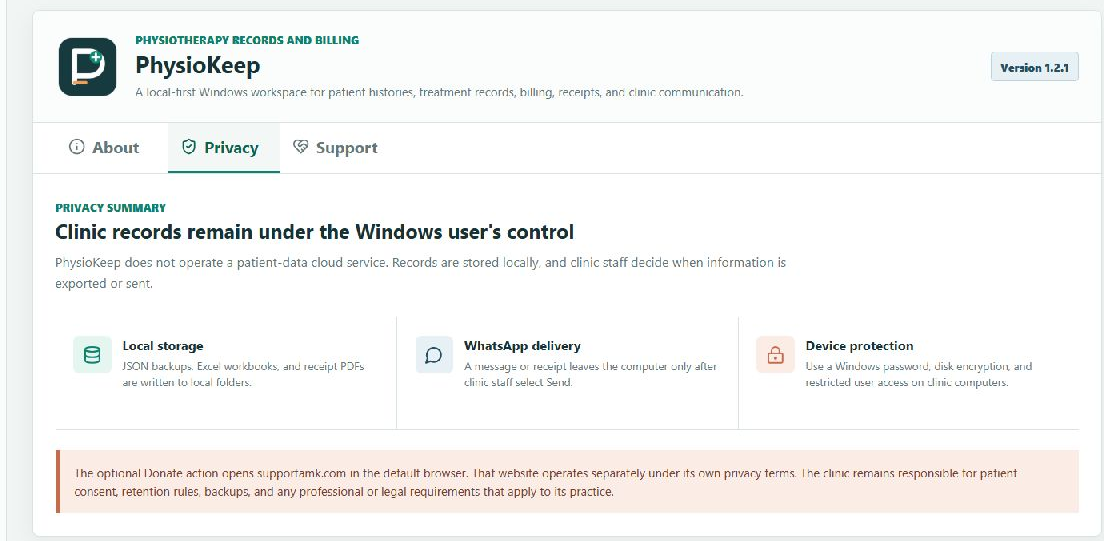 PhysioKeep privacy summary describing local storage, WhatsApp delivery, device protection, and the external Donate page