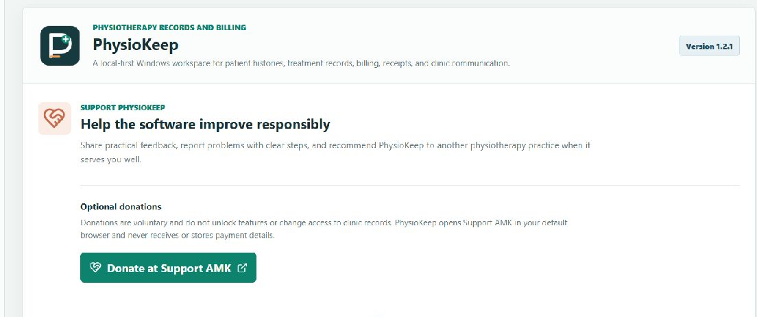 PhysioKeep 1.2.1 optional support page with a green Donate at Support AMK button